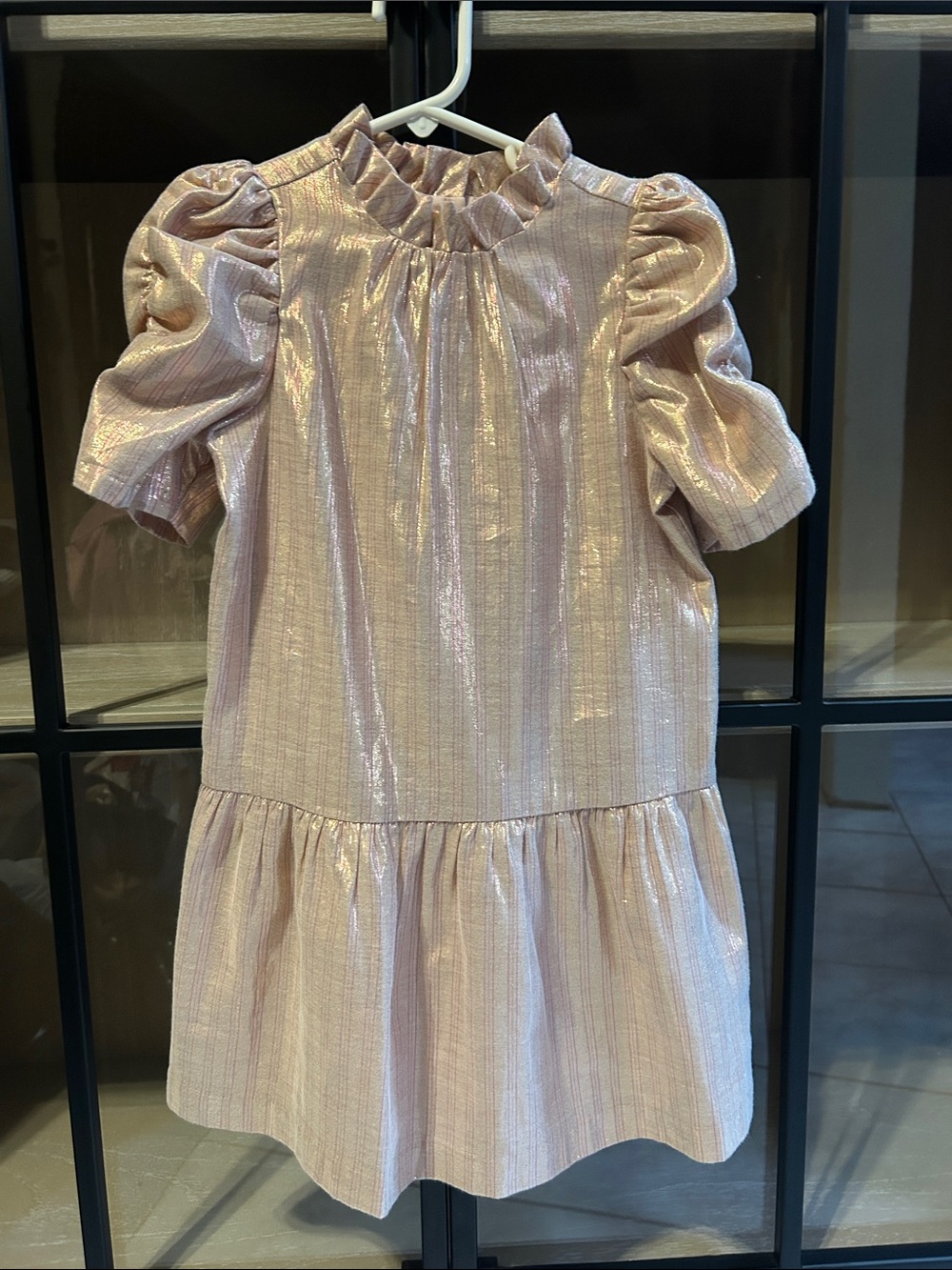 Janie and Jack Metallic Blush Pink Ruffle-Neck Puff Sleeve Dress